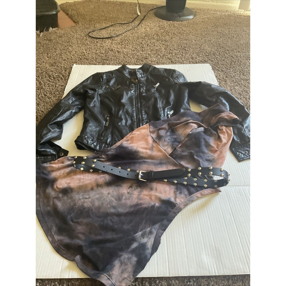 J2 Leather Vera Pelle Motorcycle Style Jacket Small T Shirt Small Belt L Rock